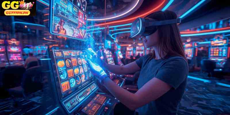 Concept of immersive VR slot gaming in a futuristic casino setting